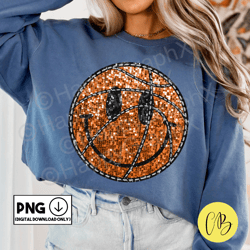 Basketball Smiley Face Png Sparkly Mom Faux Sequin T-Shirt Glitter Tshirt Design School Spirit Sublimation
