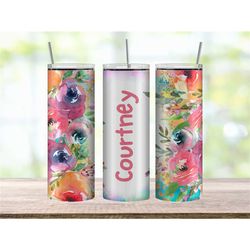 Vibrant Watercolor Tumbler Cup, Personalized Name Floral Tumbler for Her, Custom Name Tumbler Cup for Daughter, Personal