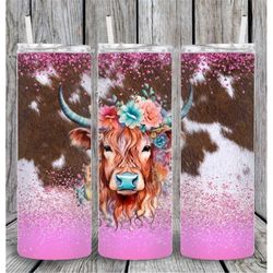 20 or 30oz Tumbler | Highland Cow | Pink | Cow hide | floral | Sublimation | Skinny | Straight | Lid | Gift | Cute