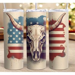20 or 30oz Skinny Tumbler | Vintage Bull Skull  | American Flag | Patriotic | 4th of July | Sublimation | Double Walled