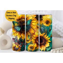 Sunflower Butterfly Tumbler, Tumbler Cup, 20oz Stainless Steel Cup with Metal Straw, Lid, and Straw Cleaner, Coffee Mug