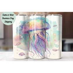 Watercolor Jellyfish Tumbler, Tumbler Cup, 20oz Stainless Steel Cup with Metal Straw, Lid, and Straw Cleaner, Coffee Mug