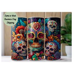 Colorful Sugar Skull Tumbler, Tumbler Cup, 20oz Stainless Steel Cup with Metal Straw, Lid, and Straw Cleaner, Coffee Mug