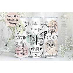 Positive Thoughts Tumbler, Tumbler Cup, 20oz Stainless Steel Cup with Metal Straw, Lid, and Straw Cleaner, Coffee Mug
