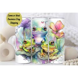 Watercolor Frog Tumbler, Tumbler Cup, 20oz Stainless Steel Cup with Metal Straw, Lid, and Straw Cleaner, Coffee Mug