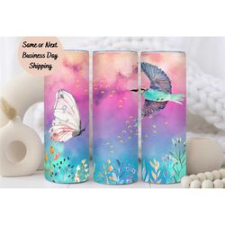 Watercolor Bird Butterfly Tumbler, Tumbler Cup, 20oz Stainless Steel Cup with Metal Straw, Lid, and Straw Cleaner, Coffe