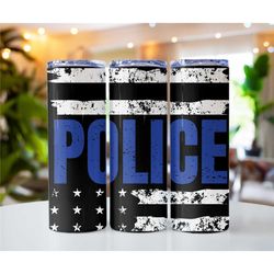 Tumbler Police blue Stainless Steel Double Walled   20oz 30oz Skinny gift-for men ice cup with straw gift dad blue line