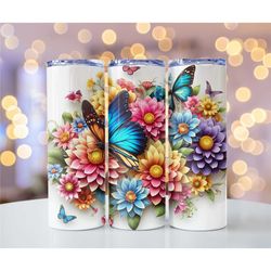 Tumbler 3D Butterflies Flowers Stainless Steel Double Walled   20oz 30oz Skinny gift-for her,  gift sippy cup Kids, cute