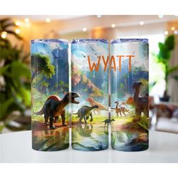 Tumbler Custom Name Dinosaurs Skinny Stainless Steel Double Walled   20oz 30oz personalized gift with straw kid dinosaur