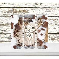 Cowhide Western Cowgirl Bull Cow Skull Stainless Steel Double Walled Tumbler   20oz Skinny 30oz Skinny gift for her west