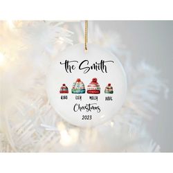 personalised christmas jumper family ornament, ceramic xmas tree bauble, christmas hat round hanging decoration, family