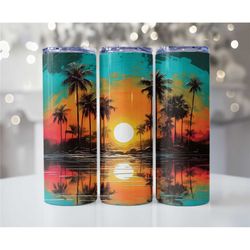 Sunset Palm Tree Beach Tumbler - 3D Palm Tree Tumbler - Beach Tumbler  - Palm Tree Cup - Palm Tree Lover Tumbler - Summe