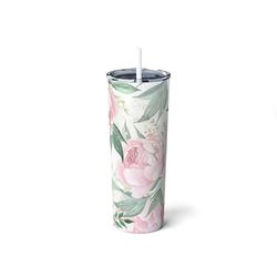 Pink Green White Peony Floral Gold Glitter Sparkle Graphic,Flower Cup,Travel Mug,Skinny Steel Tumbler with Straw, 20oz,B