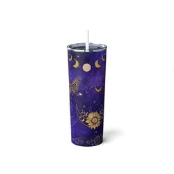 Celestial Astological Graphic Tumbler,Purple Gold Space Galaxy,Dark Cosmic Magic Vibes Cup,Travel Mug,Skinny Steel Tumbl