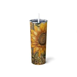 Embroidery Sunflower Cup,Realistic Floral Pattern,Travel Sublimation Mug,Skinny Steel Tumbler with Straw,20oz,Birthday G