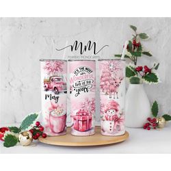 Pink Truck Merry Christmas Tumbler w/Straw, Most Wonderful Time of the Year Tumbler, Christmas Gift