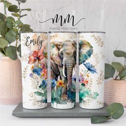 Elephant Floral Tumbler Personalized, Elephant Gifts, Elephant Gift For Women, Elephant Tumbler Cup With Straw, Elephant