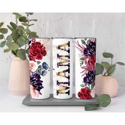 Floral Mama Tumbler for Mother's Day Gift for Mama, Mama Travel Cup for Grandma Gifts, 20 oz Tall Skinny Tumbler with Li