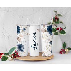 Personalized Name Tumbler, Blue and Gold Floral name tumbler, Gift for her, Floral Name tumbler, Tumbler gift, Floral tu