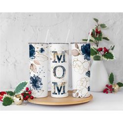 Blue Gold Floral Mom Tumbler, Personalized Mom tumbler, Gift for Mom, Mom Christmas Gift, Blue Flower Tumbler, Personali