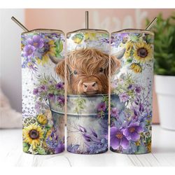 Baby Highland Cow 20oz Insulated Tumbler, Tumbler with Lid and Straw, Cow Lover Gift, Purple Flowers, Cow Tumbler, Sunfl
