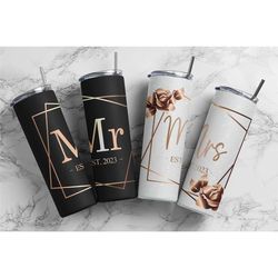 Mr & Mrs Personalised Tumbler with Straw, Wedding Tumblers, Bride and Groom Tumblers, His Hers Cups, wedding gift , Insu