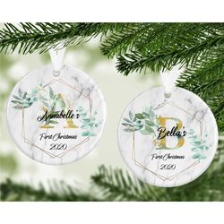 Personalised Baby's First Christmas Bauble / Name and Initial Decoration / Floral Boho Christmas Ceramic Ornament