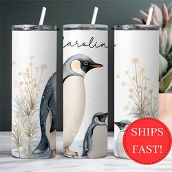 personalized penguin tumbler with name, cute penguin gift for her, penguin lover gift cup, penguin tumbler with straw, p