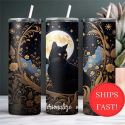 Personalized Black Cat Tumbler with Moon, Cat Mom Gift For Halloween, Halloween Cat Tumbler, Black Cat Gift, Goblincore