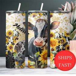 personalized cow tumbler, sunflower cow gifts, cow gift for her, black and white cow cup, cow print tumbler with straw,