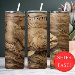 3d wood look fish tumbler for men gift for dad, custom fisherman to go cup, insulated fishing cup, fish lover gift for f