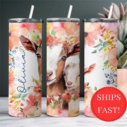 Cute Floral Goat Mama and Kid Tumbler with Name, Goat Gift, Goat Lover Gift for Her, Personalized Goat Tumbler with Stra