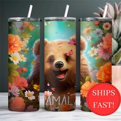 Personalized Floral Bear Tumbler with Name, Cute Bear Gift For Her, Bear Lover Gift, Bear Tumbler with Straw, Bear To Go
