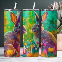Cute Personalized Rabbit Tumbler with Name, Rabbit Gift, Rabbit Lover Gift for Her, Custom Rabbit Tumbler with Straw