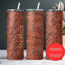 Personalized Tooled Leather-Look Tumbler For Man For Father's Day, Groomsman Gifts, Dad Gift Travel Cup, Dad To Go Cup,