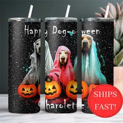 Spooky Ghost Dogs Personalized Halloween Tumbler, Dog Mom Halloween Cup, Cute Ghost Dog-o-ween Tumbler, Glitter Hallowee