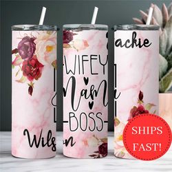 personalized wifey mom boss tumbler gift for lady boss on boss's day, floral wifey mom boss cup, custom tumbler gift for