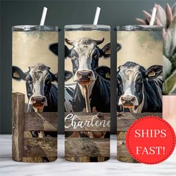 personalized cow tumbler with straw, cow lover gifts, cow gift for her, black and white cow cup, rustic tumbler with cow