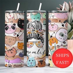 Mom Life Animal Lover Messy Bun Tumbler Gift For Mom For Mother's Day, Gift From Kids for Mom, Cute Mom Life To Go Cup,