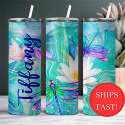 Personalized Dragonfly Lotus Flower Tumbler with Name, Floral Dragonfly Tumbler Gift For Her, Floral Tumbler Gift for Wo