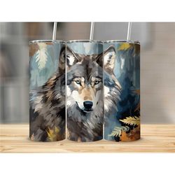 gray wolf skinny tumbler cup with straw animal travel cup with lid gift for him trendy gift for her gift for wolf lover
