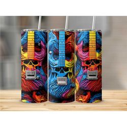 3D Skull Guitar Tumbler Skinny Cup with Lid Travel Cup with Straw To Go Cup Gift for Musician Gift for Guitar Player Gif