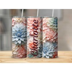 Custom Name Skinny Tumbler Cup with Straw 3D Floral Travel Cup with Lid Trendy Gift For Her Gift for Flower Lover Gift f