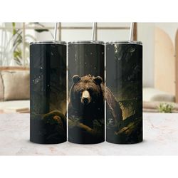 Grizzly Bear Skinny Tumbler Cup with Lid Bear Travel Cup with Straw Gift for Bear Lover Gift for Woodland Animal Lover P