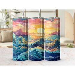 Ocean Sunset in Watercolor 20 oz Tumbler with Lid Travel Cup with Straw Skinny Tumbler Cup Birthday Gift Christmas Gift
