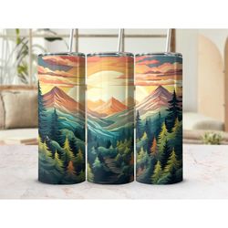 3D Pine Forest 20 oz Tumbler with Lid Cup with Straw Skinny Tumbler Cup Gift for Her His Birthday Gift for Christmas Gif