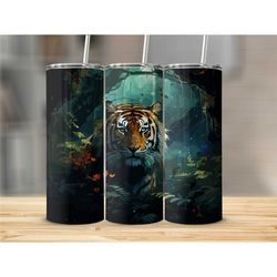 Tiger in Forest 20oz Tumbler with Lid Cup with Straw Travel Cup Skinny Tumbler Cup Christmas Gift Present Birthday Gift