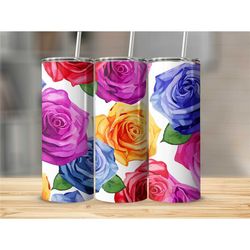 multicolor rose skinny tumbler cup with straw floral travel cup with lid boho personalized gift for her gift for flower