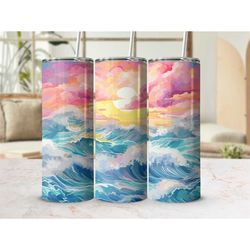 Watercolor Oceanscape 20 oz Tumbler with Lid Travel Cup with Straw Skinny Tumbler Cup Birthday Gift Christmas Present Gi