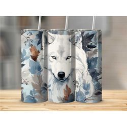white wolf skinny tumbler cup with lid wolf travel cup with straw gift for wolf lover with optional personalization